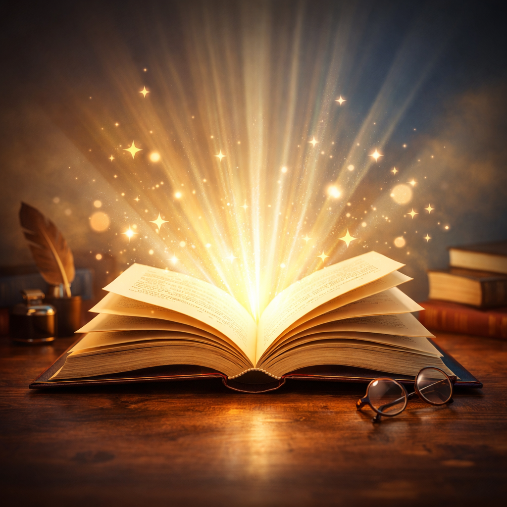 Illustration of an open book emitting warm light
